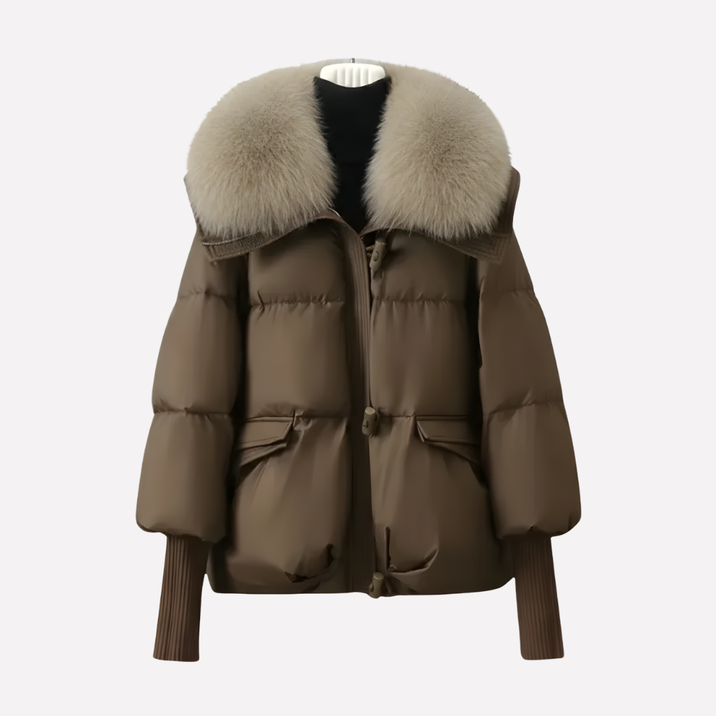 Alyssa Womens Quilted Puffer Jacket with Faux Fur Collar in Brown