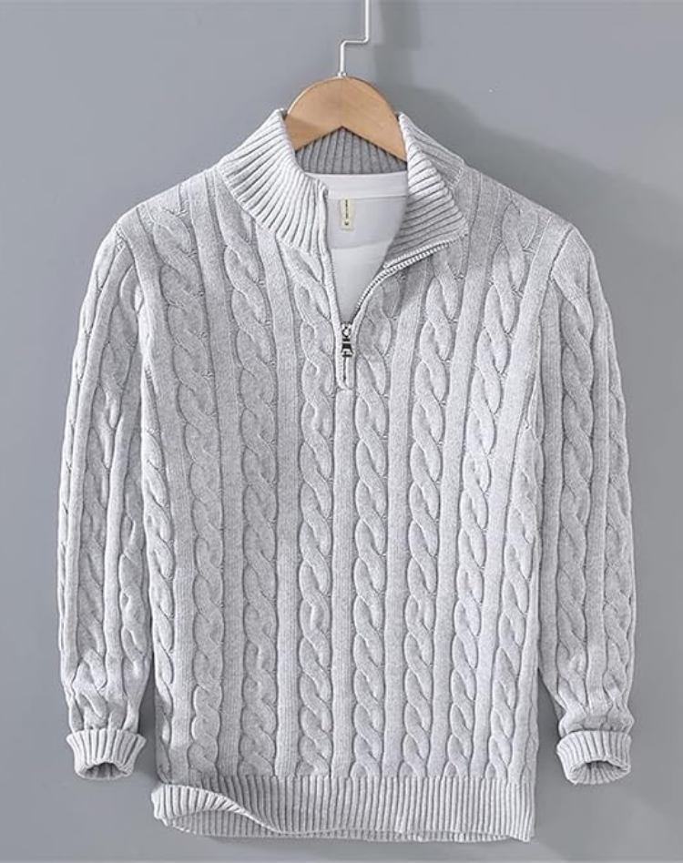 Sean Mens Cable Knit Half-Zip Sweater with High Collar in Gray