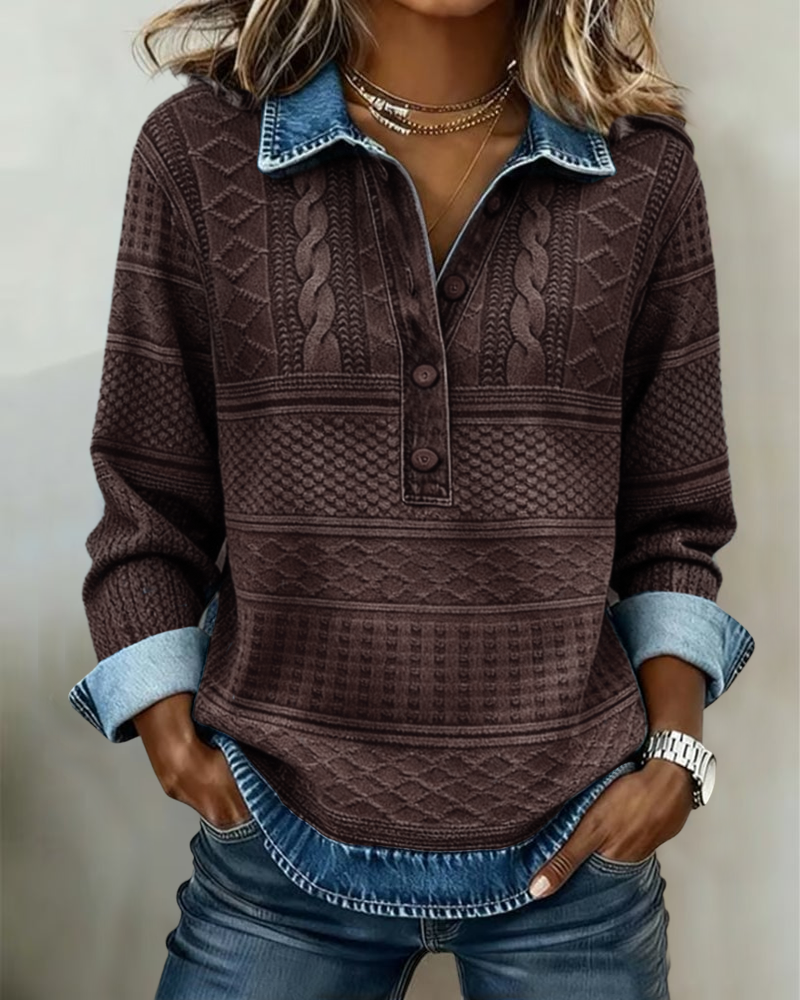 Kristen Womens Cable Knit Sweater with Collar and Button Neckline in Brown