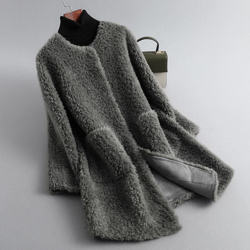 Olivia Womens Shearling Fur Coat in Graphite Gray