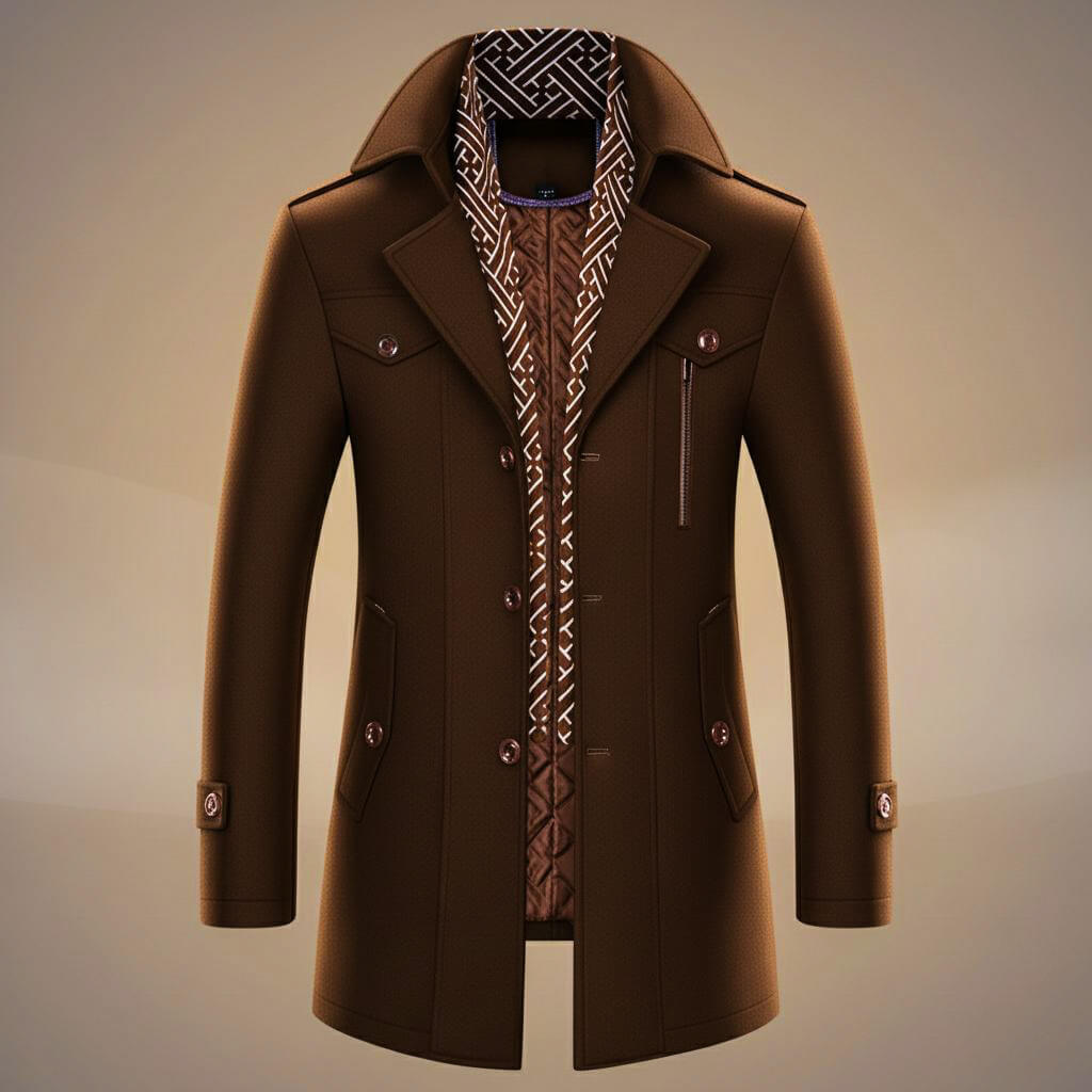 Kensworth Mens Virgin Wool Coat with Detachable Scarf in Cocoa Brown