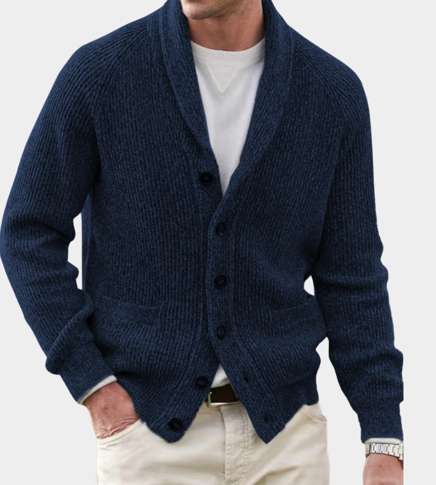 Brian Mens Shawl Collar Cardigan Sweater in Dense Knit in Dark Blue