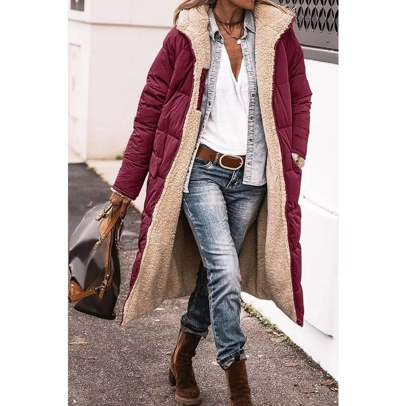 Angela Womens Longline Puffer Coat with Sherpa Lining in Burgundy