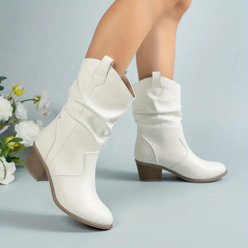 Tracy Womens Half-High Western Boots with Block Heel in White