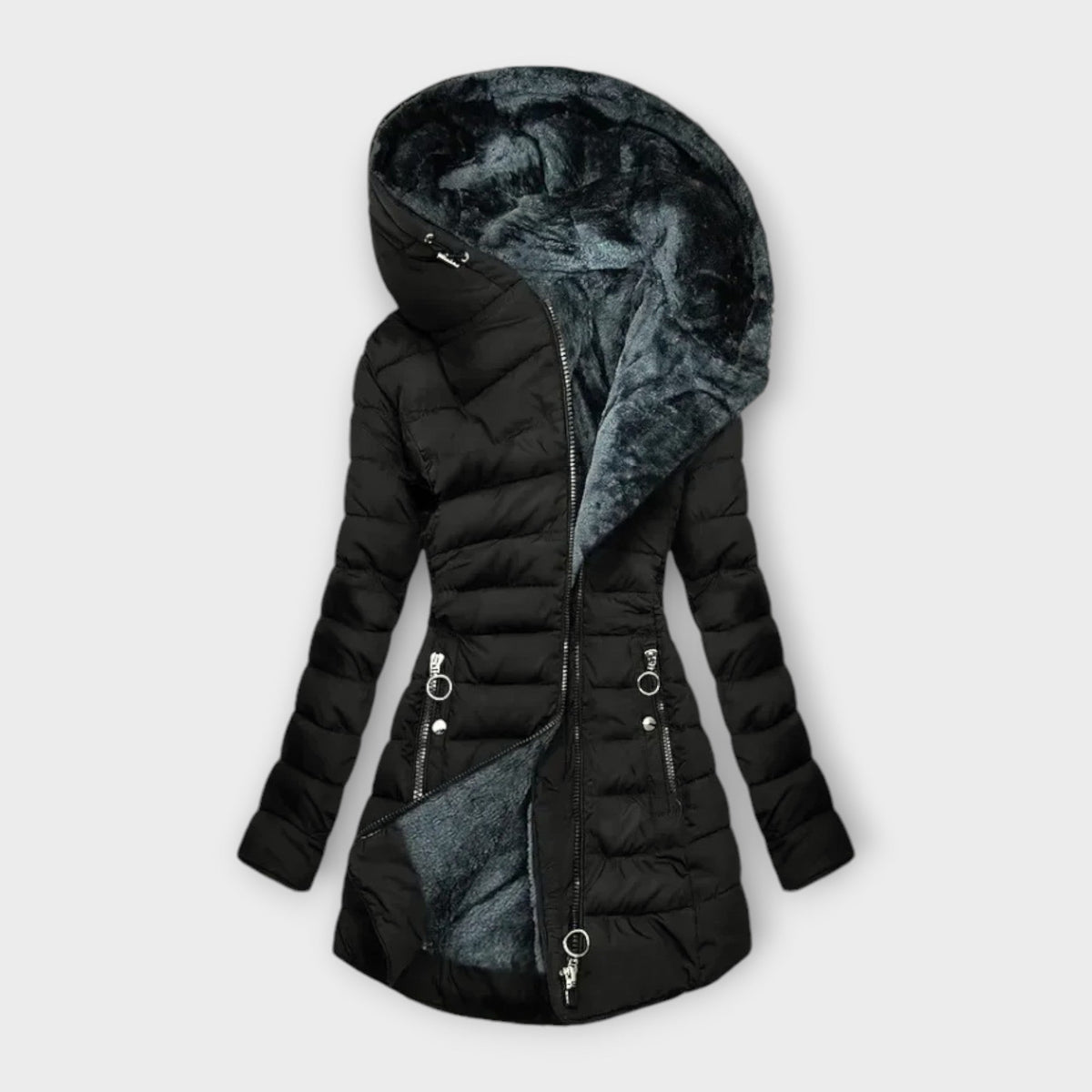 Audrey Womens Long Quilted Puffer Coat with Oversized Hood in Black