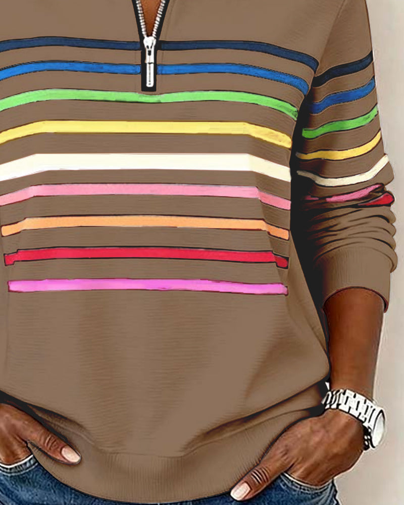 Mia Womens Half Zip Sweatshirt with Stripes
