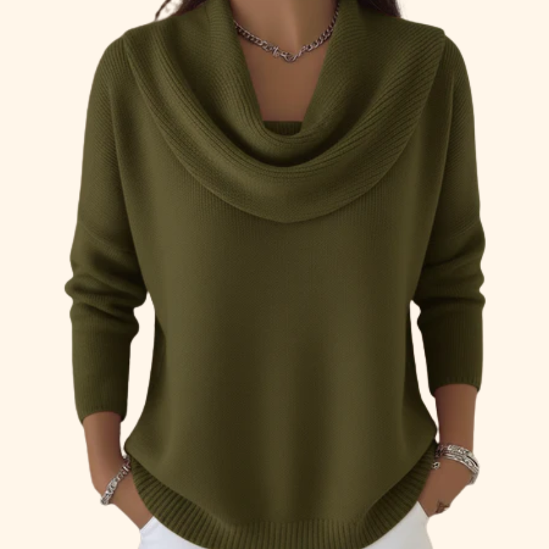 Natalie Womens Cowl Neck Knit Sweater in Soft Cotton in Army Green