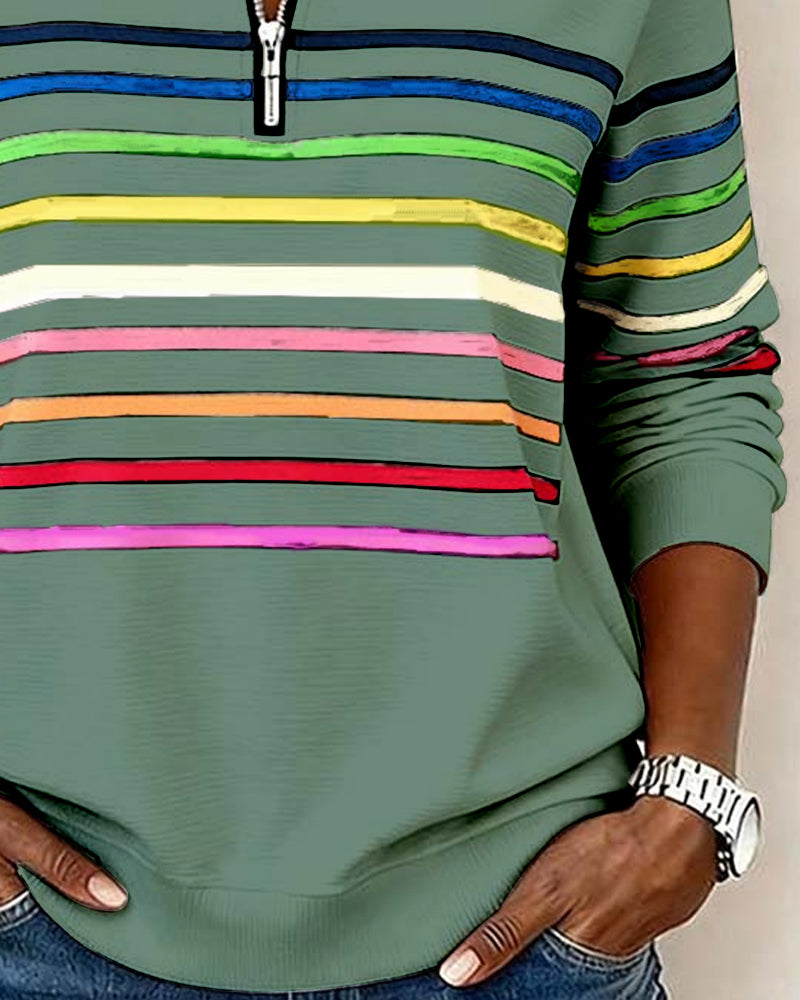 Mia Womens Half Zip Sweatshirt with Stripes