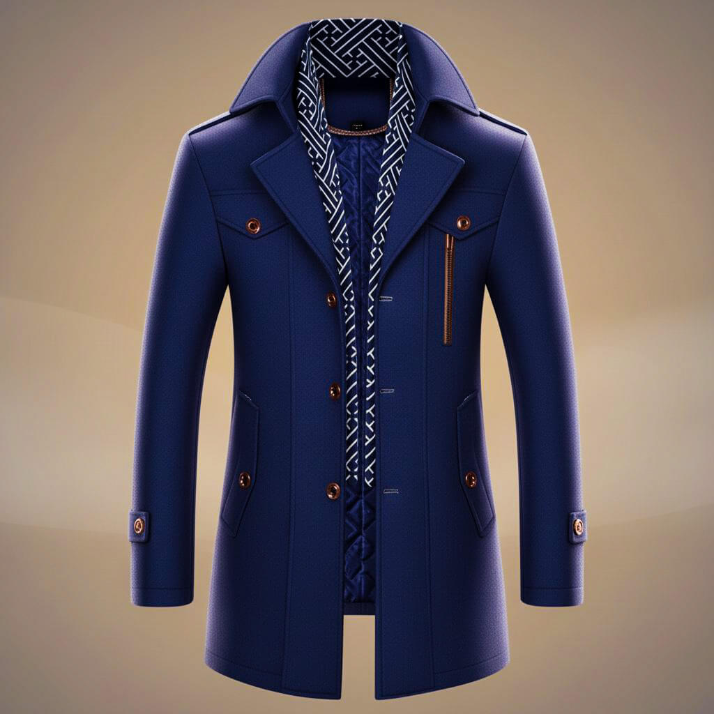 Kensworth Mens Virgin Wool Coat with Detachable Scarf in Indigo Blue