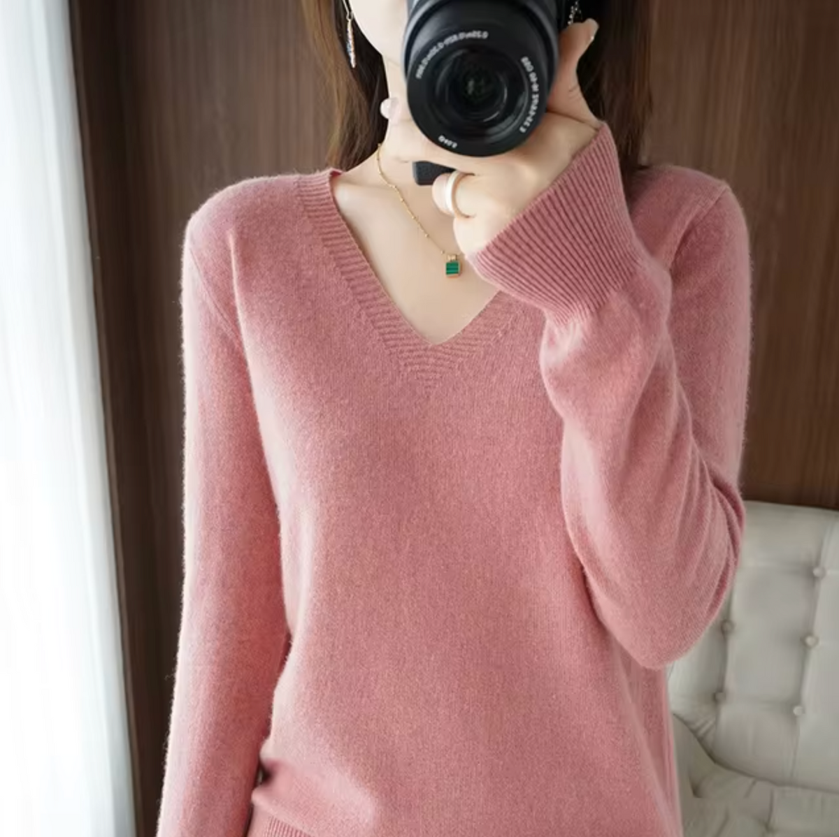 Sheena Womens V-Neck Sweater with Cashmere Feel in Pink