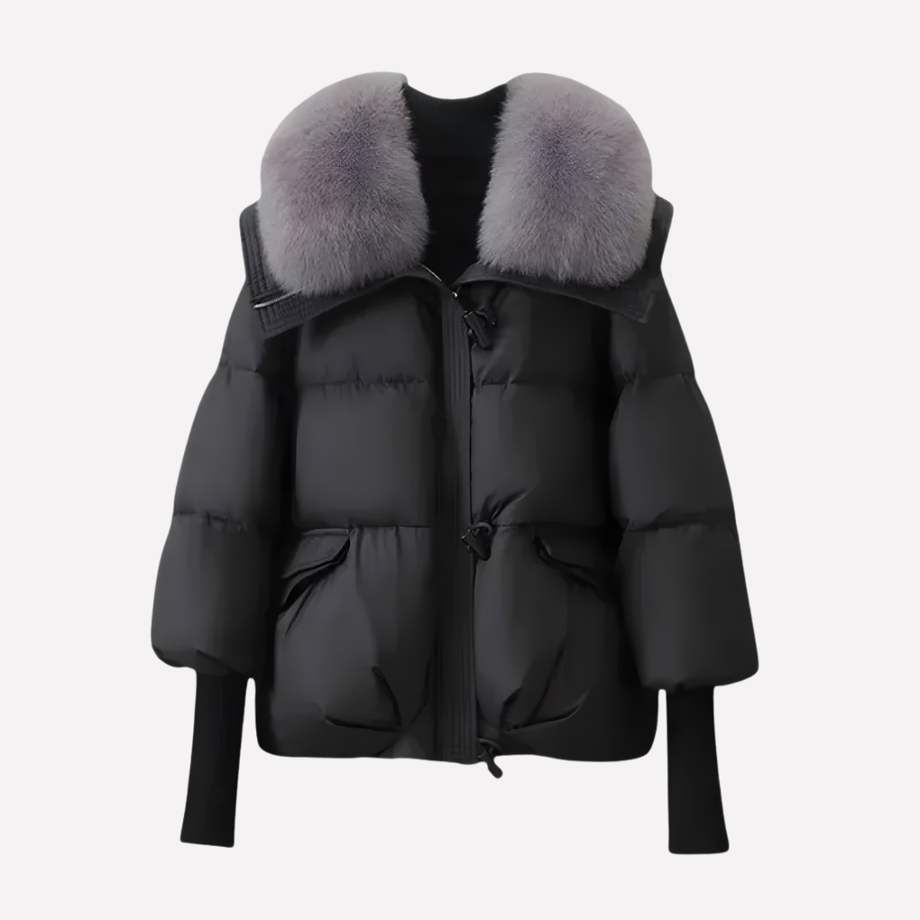 Alyssa Womens Quilted Puffer Jacket with Faux Fur Collar in Black