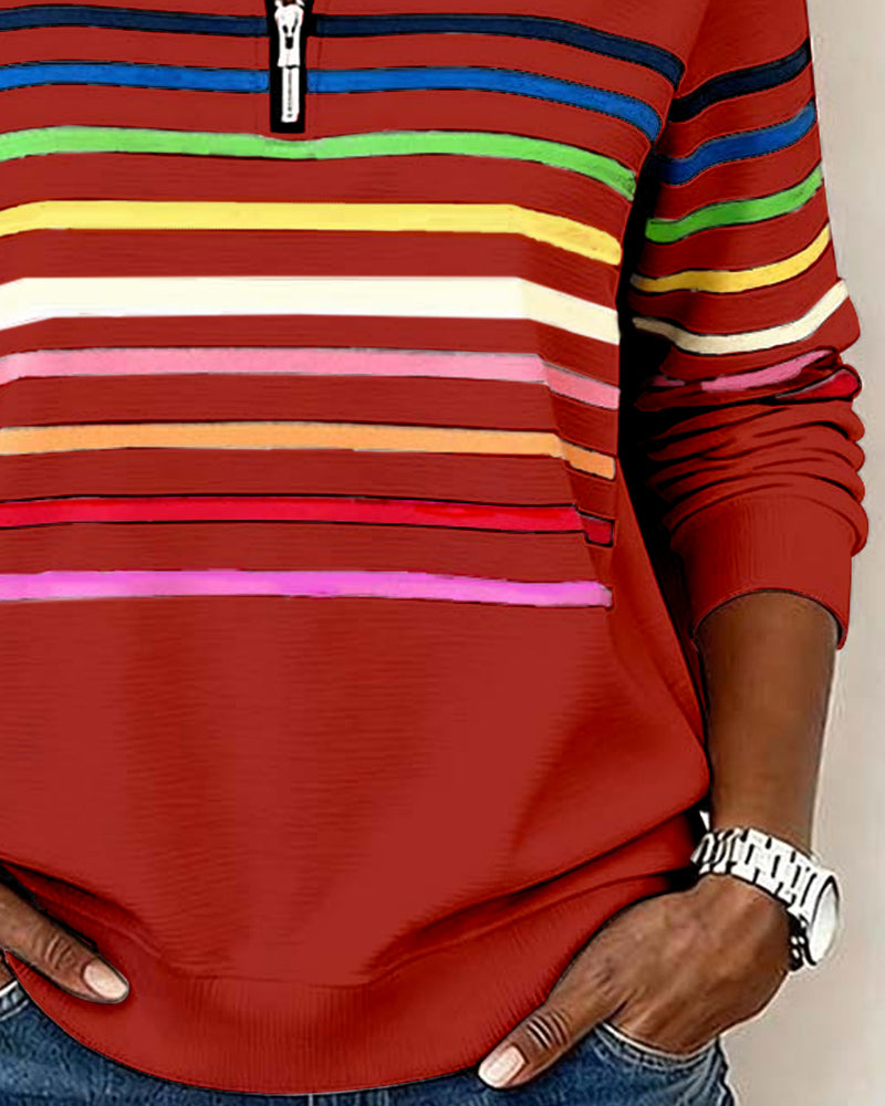 Mia Womens Half Zip Sweatshirt with Stripes