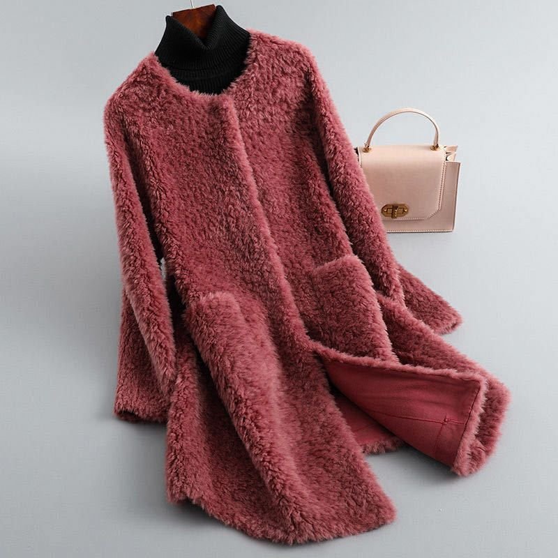 Olivia Womens Shearling Fur Coat in Crimson Red