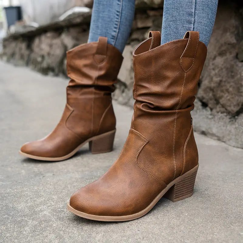 Tracy Womens Half-High Western Boots with Block Heel in Camel