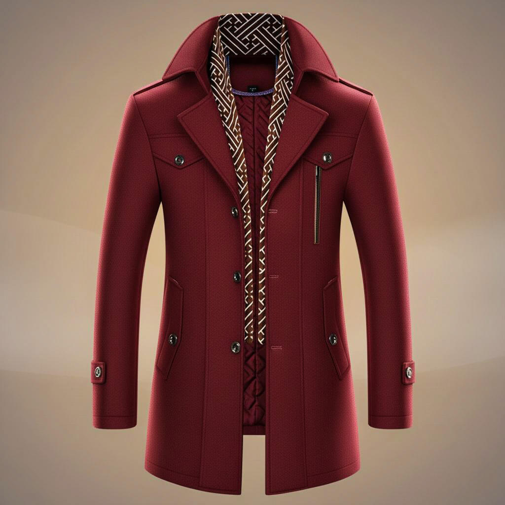 Kensworth Mens Virgin Wool Coat with Detachable Scarf in Crimson Red