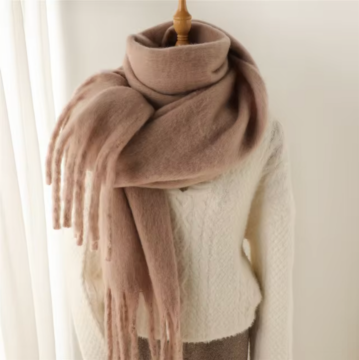 Elyra Womens Pashmina Scarf with Long Tassels in Khaki