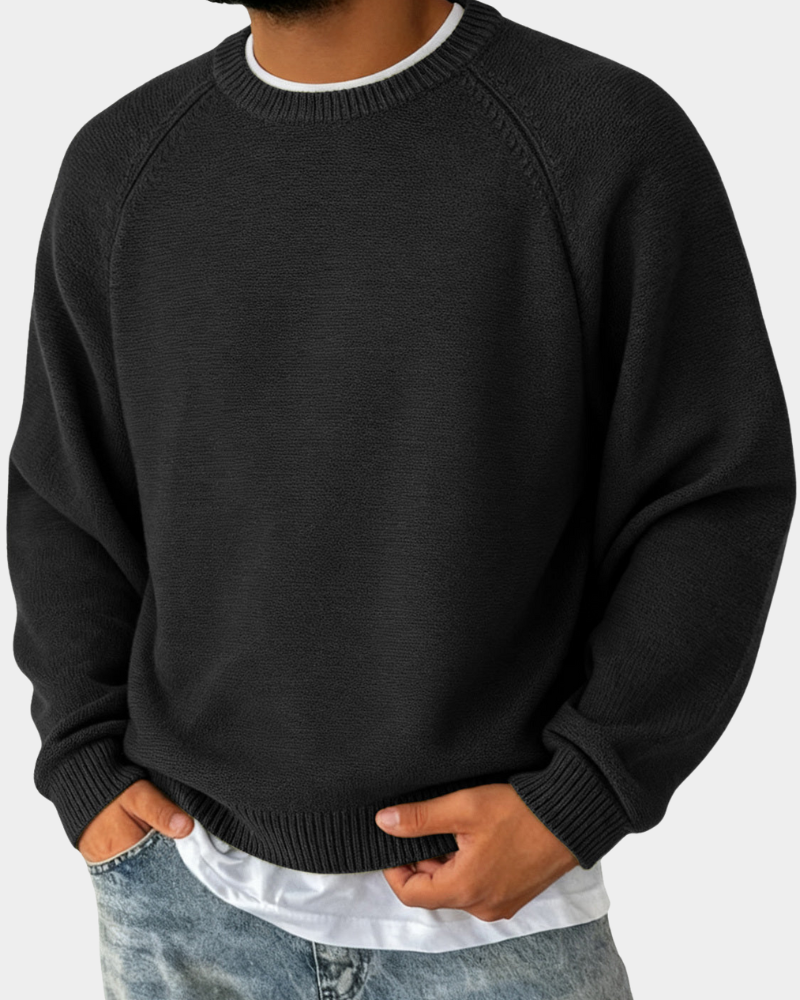 Evander Mens Crew Neck Sweater, Lightweight Layer in Black