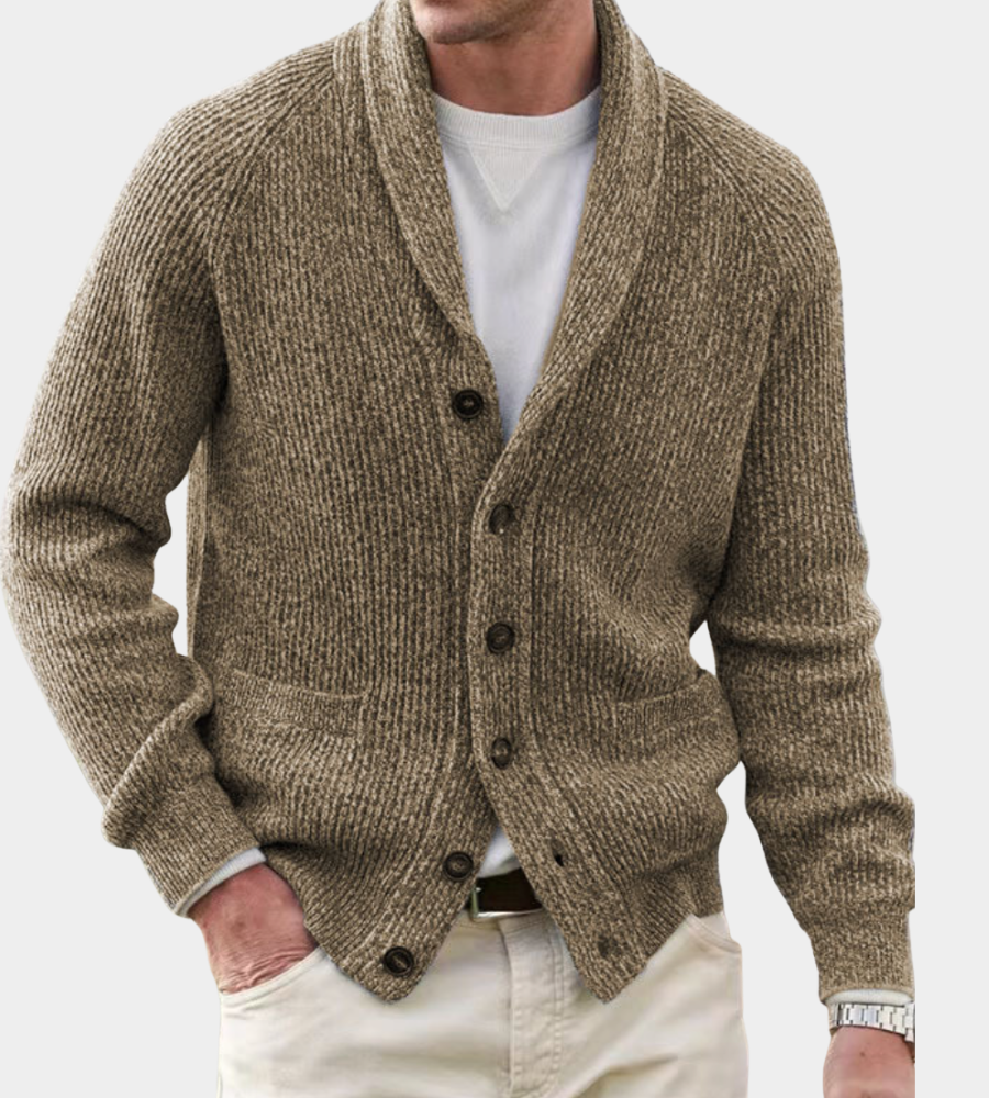 Brian Mens Shawl Collar Cardigan Sweater in Dense Knit in Khaki