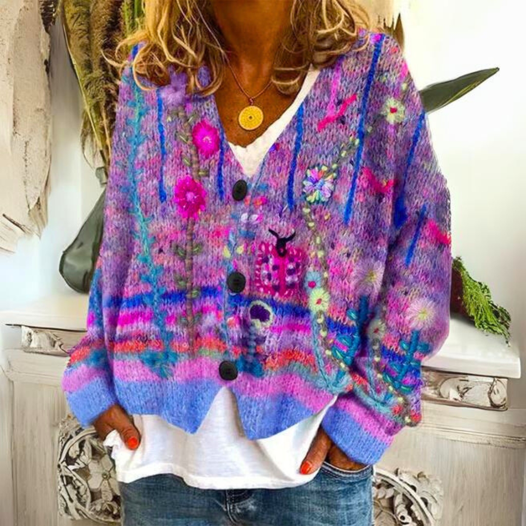 Hannah Womens Colorful Patterned Cardigan in Wool Blend in Violet