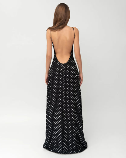 Midnight Muse™ – Polka Maxi Dress (Effortless Cool-Girl Elegance)