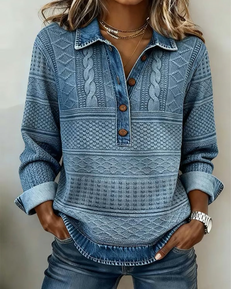 Kristen Womens Cable Knit Sweater with Collar and Button Neckline in Blue