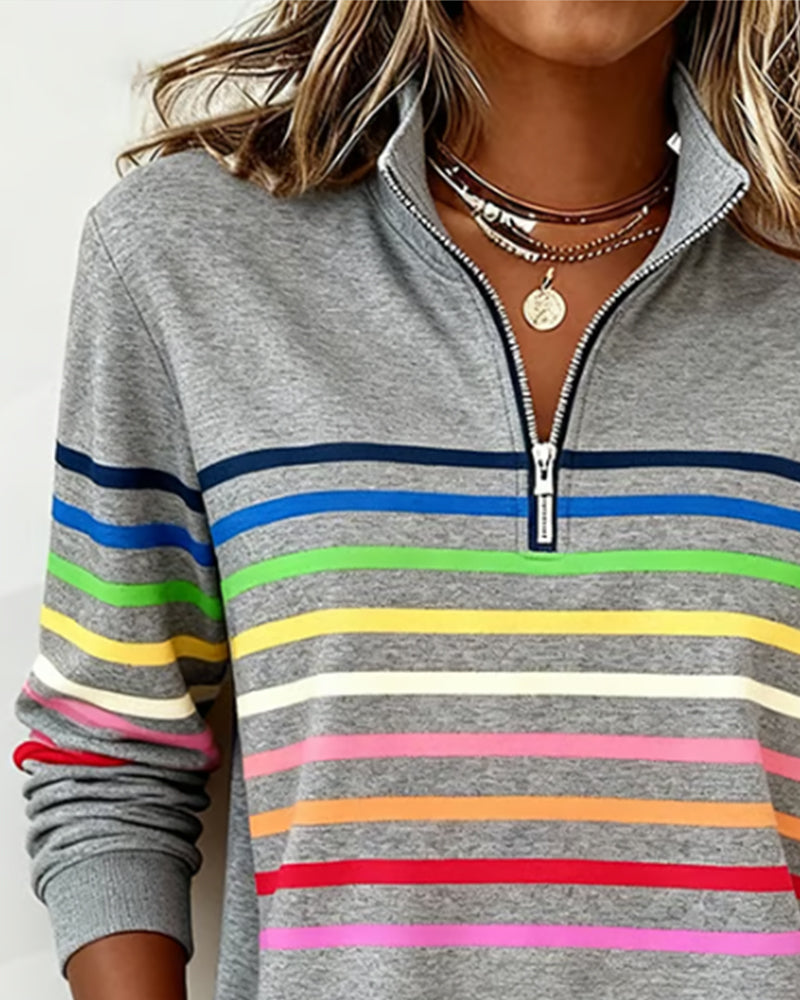 Mia Womens Half Zip Sweatshirt with Stripes