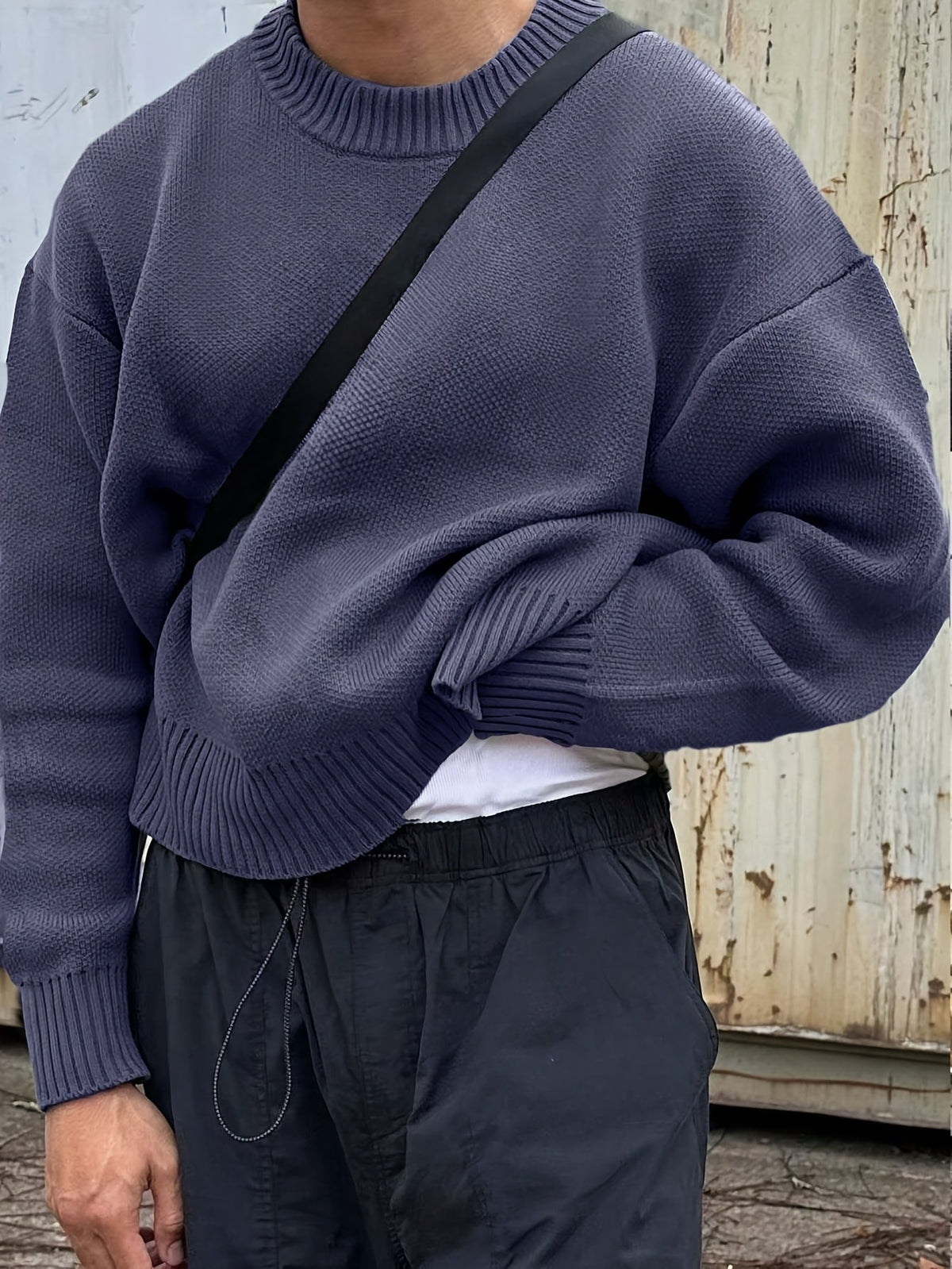 Kyle Mens Crew Neck Knit Sweater with Dropped Shoulders in Blue