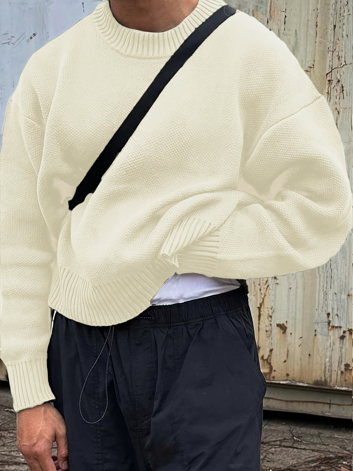 Kyle Mens Crew Neck Knit Sweater with Dropped Shoulders in Cream