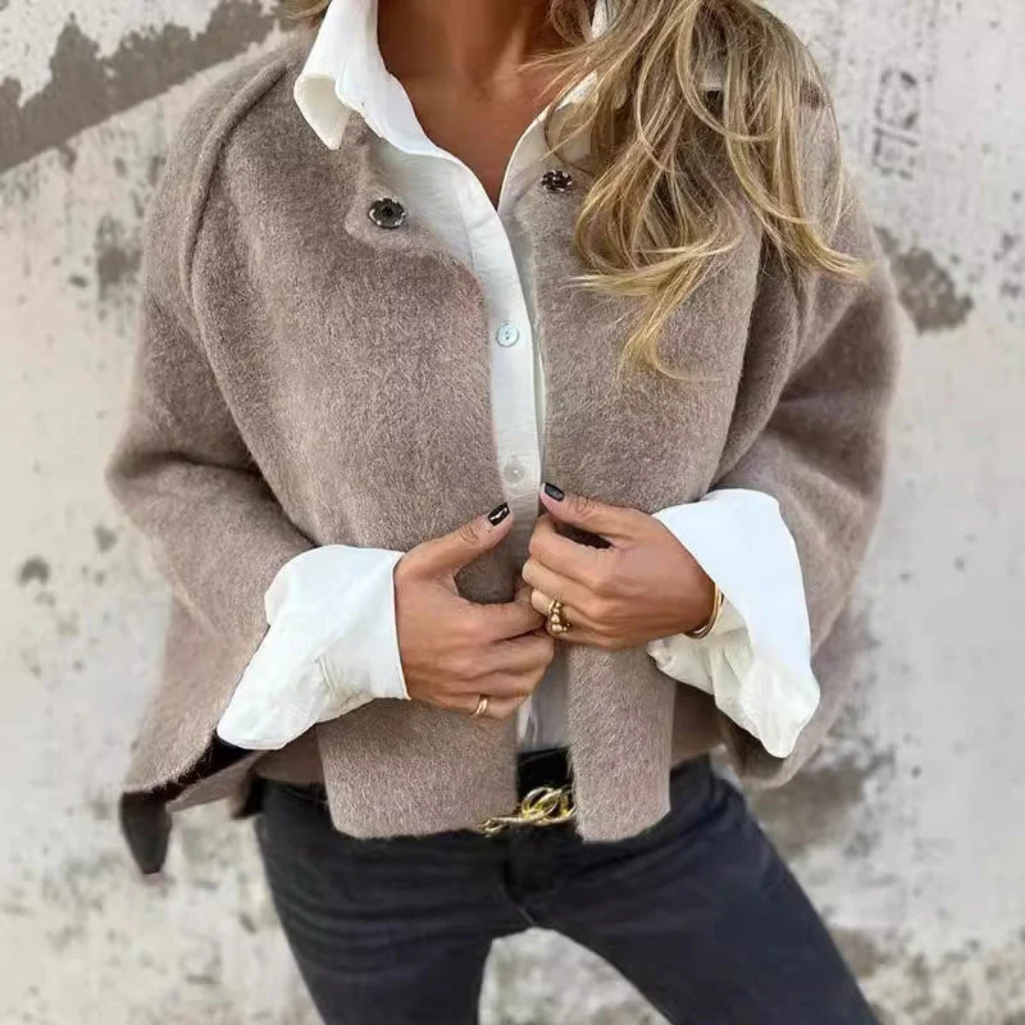 Women's Elegant Round-Neck Coat, Long Sleeve | Timeless Silhouette, Sophisticated Cut | Beige, Black or Red | S–5XL