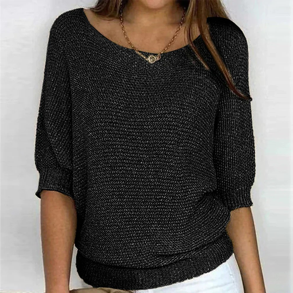 Euna Womens Soft Knit Sweater, Relaxed Comfort in Black