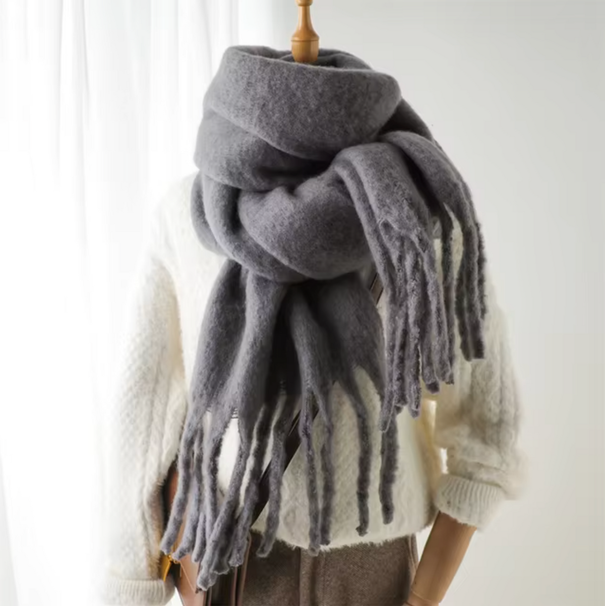 Elyra Womens Pashmina Scarf with Long Tassels in Gray