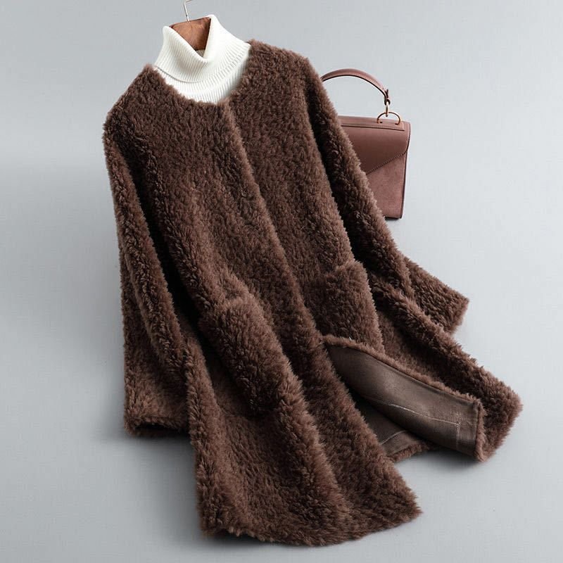 Olivia Womens Shearling Fur Coat in Mocha Brown