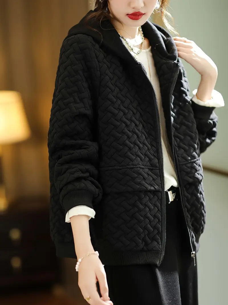 Mirelle Womens Quilted Hooded Jacket, Basketweave Pattern in Black