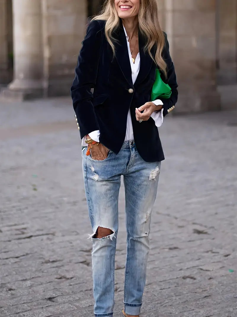 Women's Velvet Blazer, Figure-Flattering Cut | Plush Soft-Touch Fabric, Subtle Sheen | Black, Blue, Green or Red | S–2XL