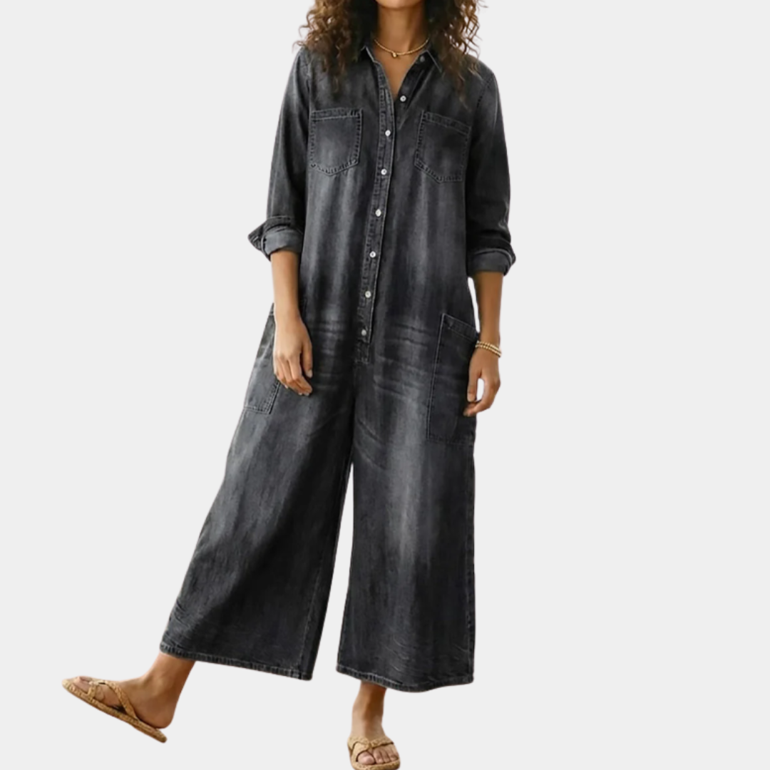 Ariana™ | Vintage Washed Soft Cotton Denim Jumpsuit with Button Closure