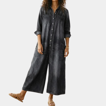 Ariana™ | Vintage Washed Soft Cotton Denim Jumpsuit with Button Closure