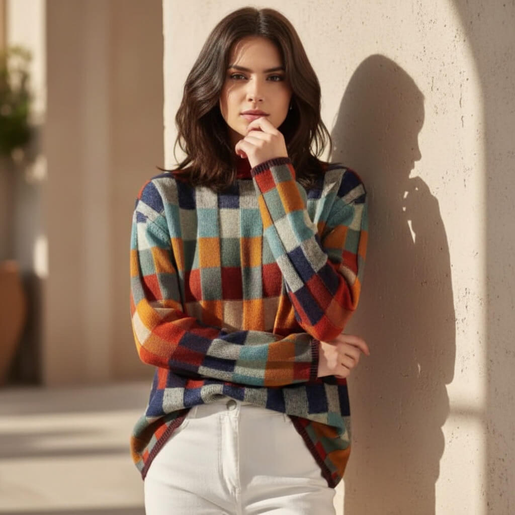 Summer Womens Checkered Merino Wool Blend Sweater