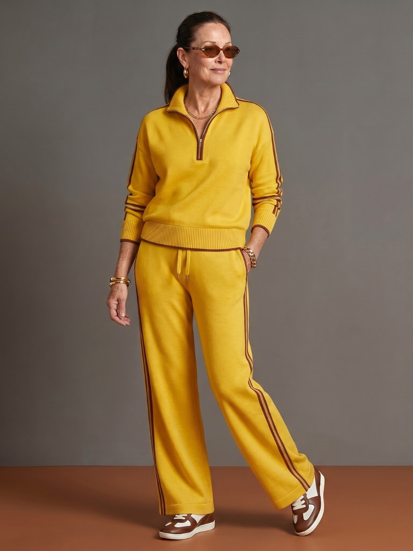 Rain Womens Knit Pants Set with Zip Neck Top in Yellow