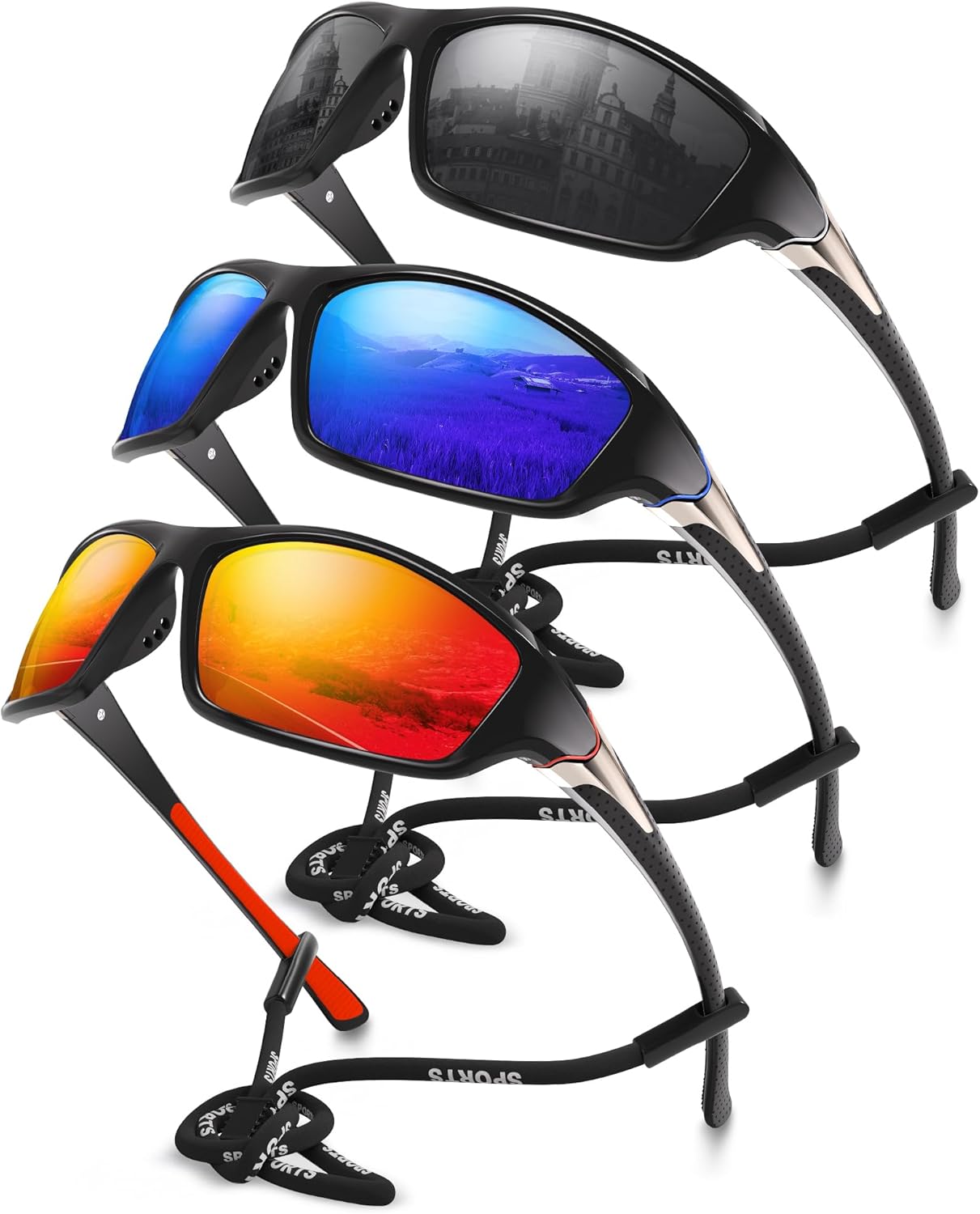 David™ | Sporty Polarized Wraparound Sunglasses 3-Pack For Men With UV Protection