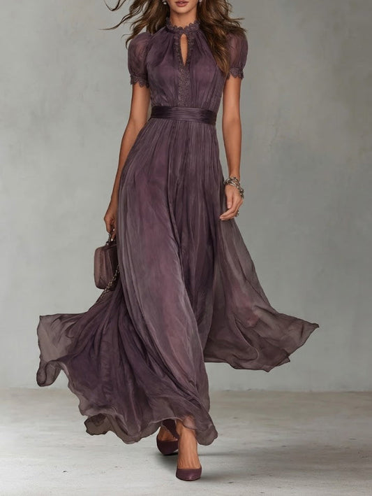 Havanna™ | Purple Dress with Drop Neckline and Chiffon Lace