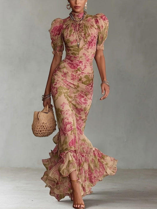 Allanna™ | Long dress with vintage rose print and puff sleeves