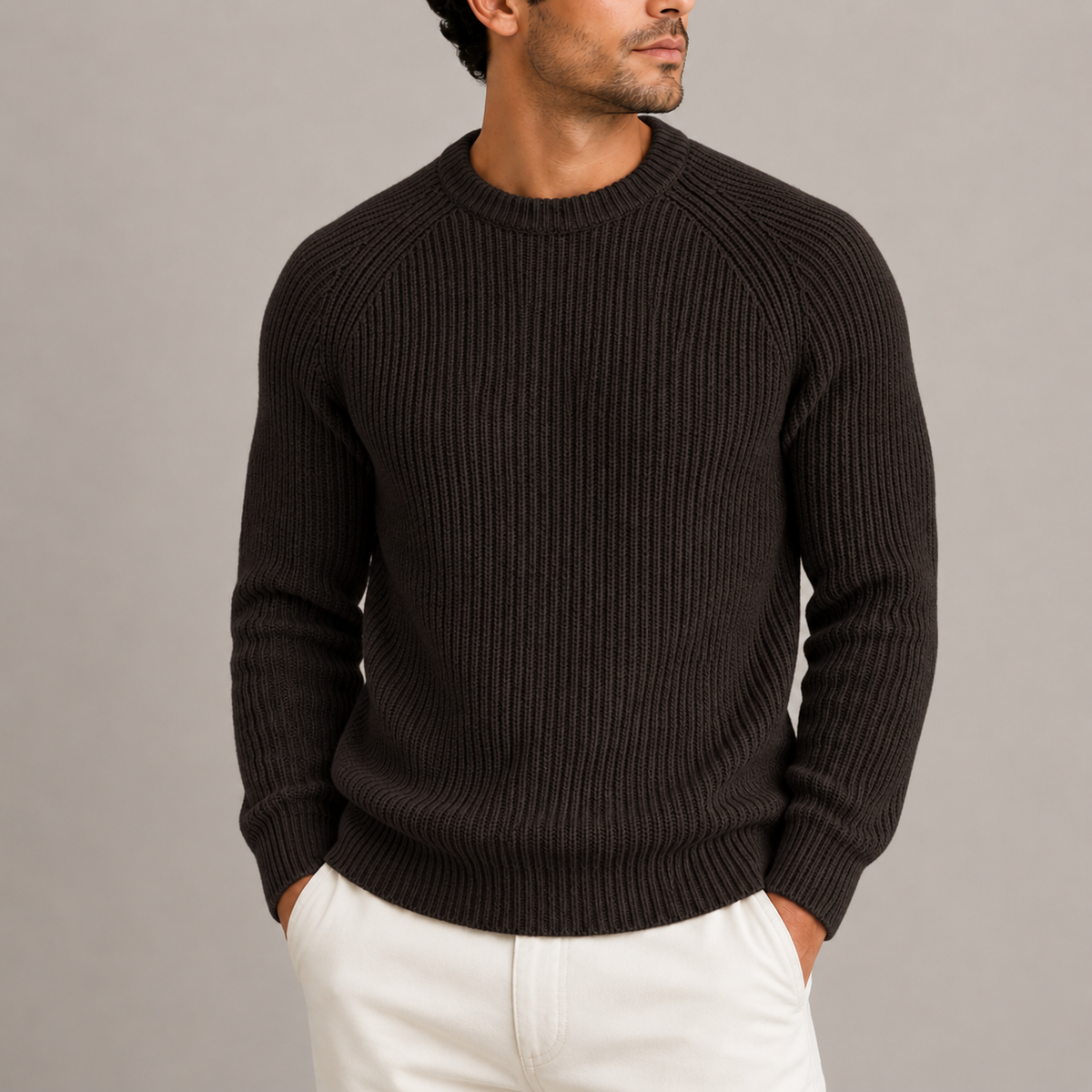 Grant Mens Heavyweight Fisherman Rib Knit Sweater in Brown