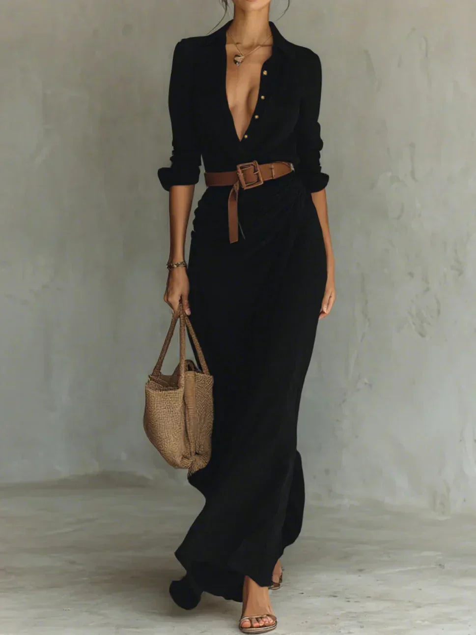 Pristine™ | Maxi Dress with Collar and Waist Belt