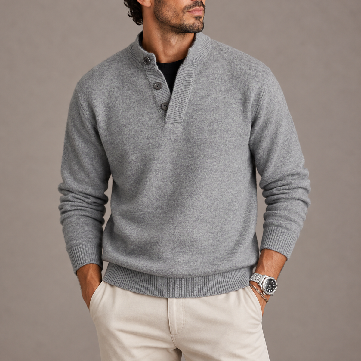 Craig Mens Long Sleeve Knit Polo Sweater in Gray