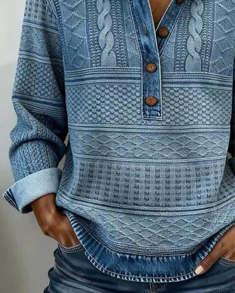 Kristen Womens Cable Knit Sweater with Collar and Button Neckline