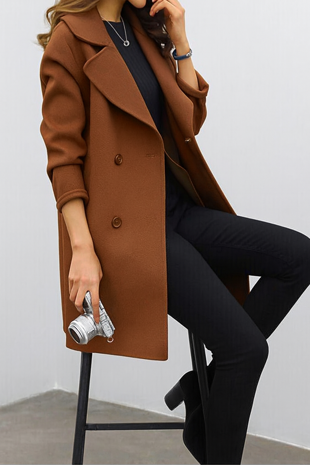 Mette Womens Double-Breasted Coat, Wool Blend in Brown