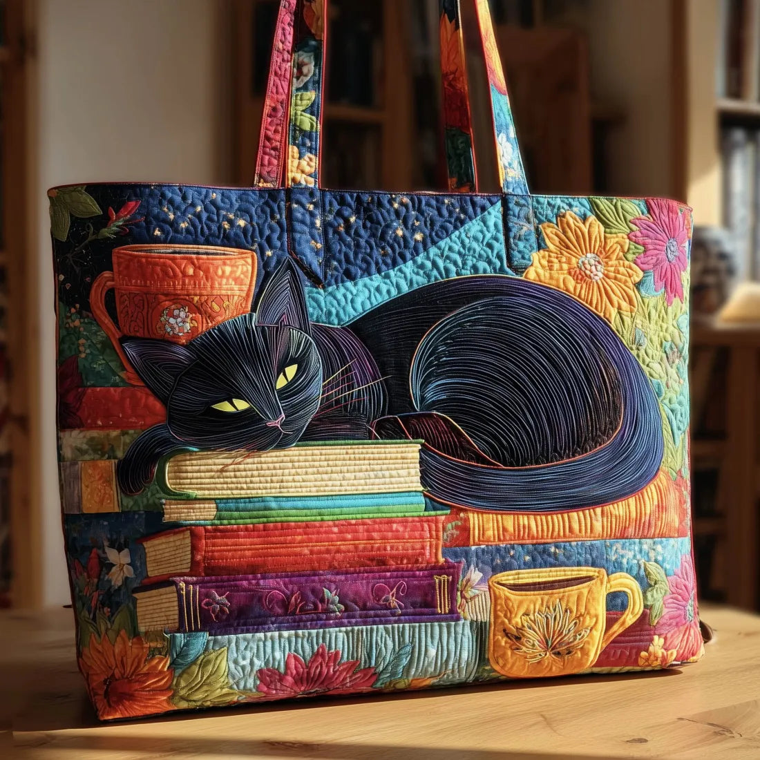 Charming Quilted Tote™ - Black Cat with Books and Mugs
