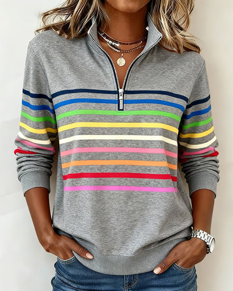 Mia Womens Half Zip Sweatshirt with Stripes in Gray