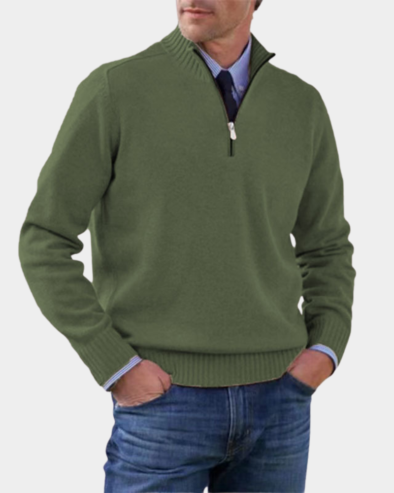 Hezron Mens Zip-Up Sweater, Lightweight Warmth in Dark Green