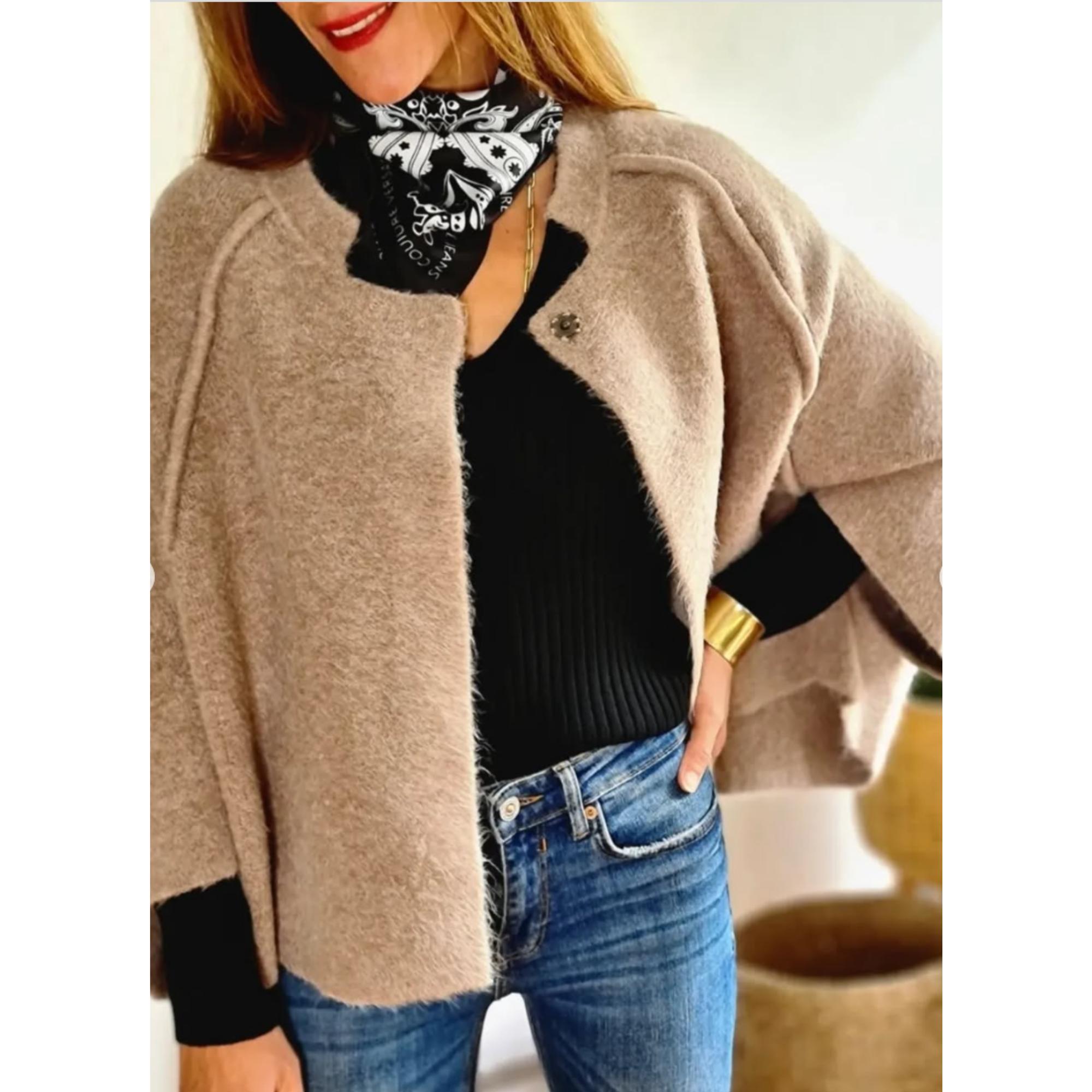 Women's Elegant Round-Neck Coat, Long Sleeve | Timeless Silhouette, Sophisticated Cut | Beige, Black or Red | S–5XL